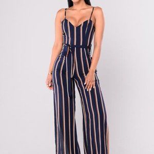 Fashion Nova Navy Pinstriped Split Legs Jumpsuit L